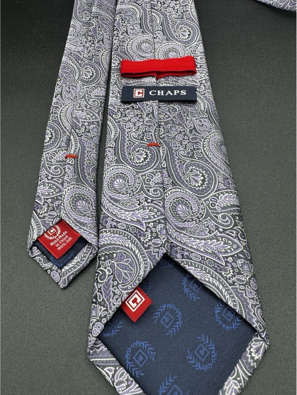 Chaps Silk Tie Purple Black Silver Paisley Handmade 58x3.25 - Picture 4 of 5